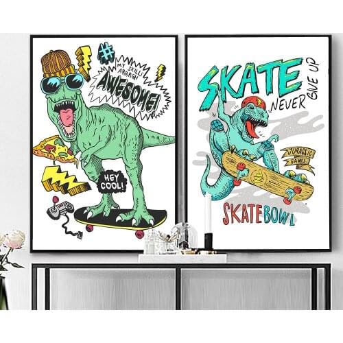 Fashion Animal Posters and Prints Cool Dinosaur on Skateboard Canvas Painting Abstract Wall Pictures for Living Room Home Decor