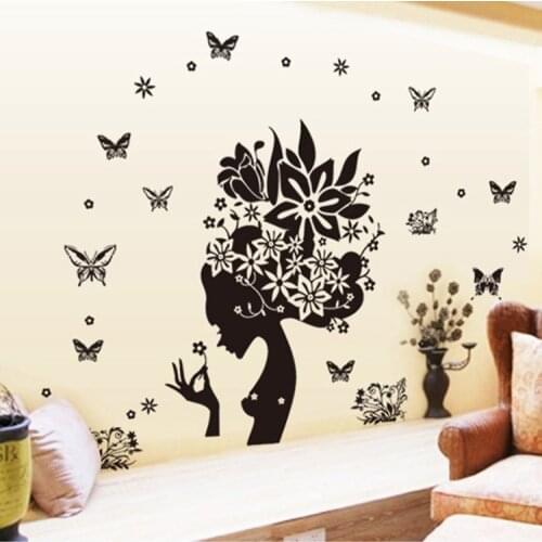 Black Rose Flower Girl Butterfly Wall Stickers Home Decor Romantic Living Room Bedroom TV Wall Porch Decorative Decals Mural