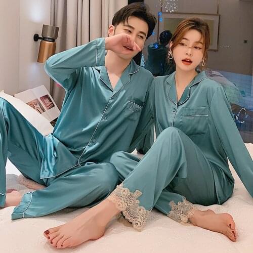 Couple New Spring Summer Pajamas Sets Women Rayon Korean Women Sleepwear Long Sleeve Pants Quality Pyjamas