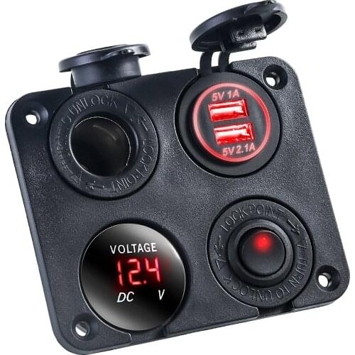 New 4 In 1Dual USB Car Cigarette Lighter Socket Charger Voltmeter Switch Four-Hole Panel Car Charger Red Light DC12-24V