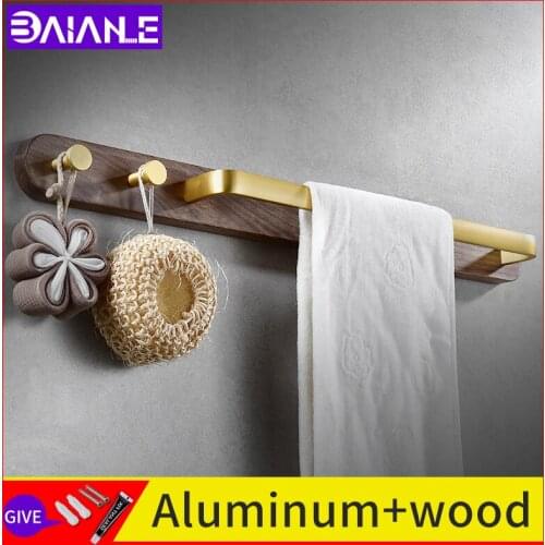 Walnut bathroom towel rod solid wall mounted Towel bar with hook screw free installation golden waterproof towel bar holder