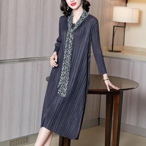 Larg Size Dress For Women 45-80kg 2021 Spring Ribbon Patchwork Round Neck Wrist Length Sleeves Loose Stretch Miyake Pleated