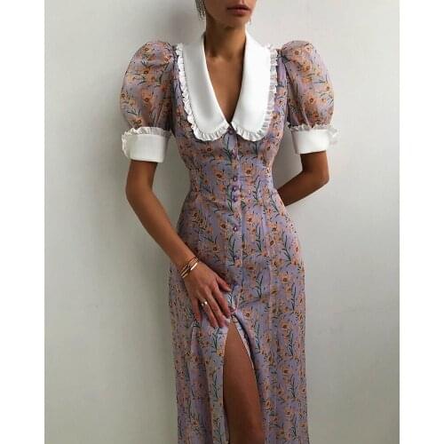 STYLISH LADY Floral Printed Boho Dress 2021 Summer Women Puff Sleeve Front Button Split Elastic Waist Midi Elegant Dress