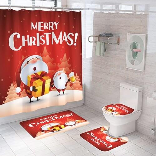 Merry Christmas Fabric Shower Curtain Bathroom Curtains Anti-slip Bath Mat Set Santa Claus Toilet Seat Cover Non Slip Rug