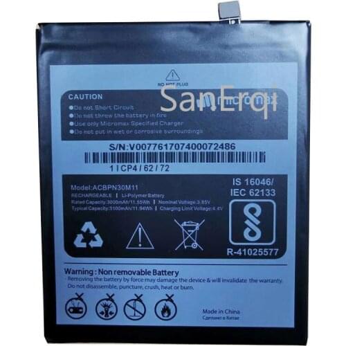 SanErqi 3100mAh battery For Micromax ACBPN30M11 Mobile Phone Accumulator AKKU battery