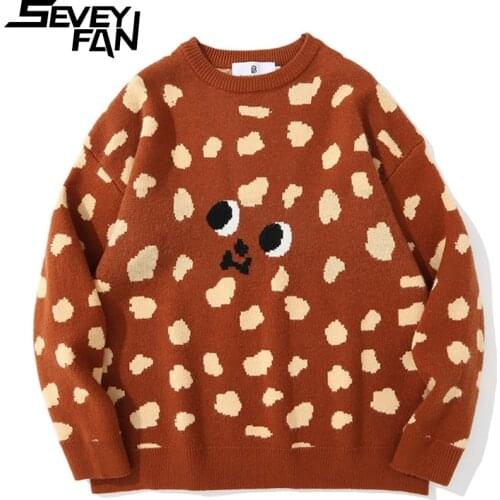 SEVEYFAN Mens Cartoon Leopard Jacquard Sweater Fashion Loose Cotton Pullover Knitwear for Couples