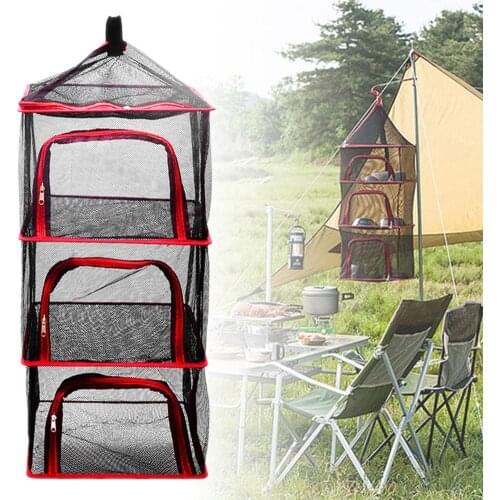 1pics Outdoor Camping Folding 4 Layer Hanging Drying Net Holder Fruit Vegetable Herb Hanging Basket Holder Storage Bag Rack