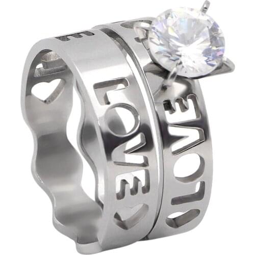 UFOORO Luxury White Gold Hollow LOVE Ring Set Jewelry Elegant Clear Crystal Zirconia Womens Party Wedding Rings For Women