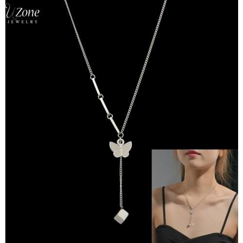 UZone Exquisite Butterfly Square Bead Pendant Collier Stainless Steel Double-layer Chain Necklaces for Women Party Gift Jewelry