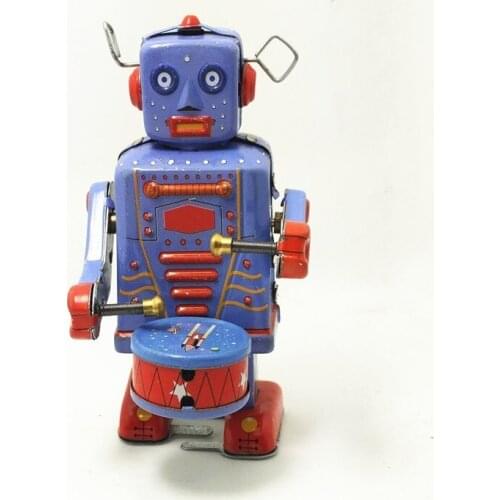 [Funny] Collection Retro Clockwork Wind up Metal Walking Tin Band Play gong drum robot recall Mechanical toy kids christmas gift
