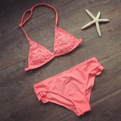 4 colors falbala girls bikini set solid girls swimwear children bikinis 2020 stone decoration kids swimsuit bathing suit 303