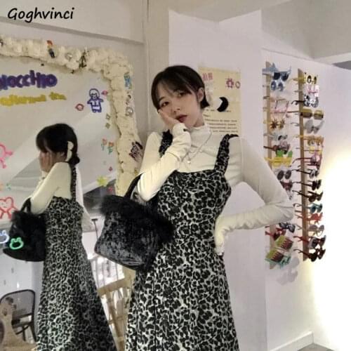 Women Sets Solid Half Turtleneck Basic Pullover Slim Suspender Leopard Sleeveless Dress Big Size 2XL All-match Party Date Daily