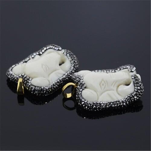 1 pcs High quality clay carve elephant head pendant paved rhinestones charms gem stone pendant for necklace best gift