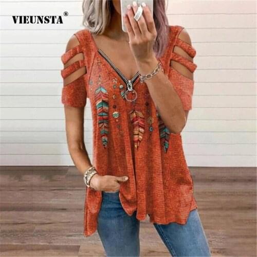 2021 New Personality Design Shoulder Hollow Out Lady Top Goth Street V-Neck Zipper Pullover Printing Short Sleeve Length T-Shirt