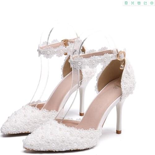 White flower wedding shoes lace pearl high heels sweet bridal dress shoes nail beads pointed stilettos 9CM female high heels