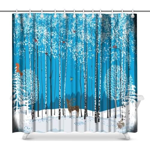 Birch Trees with Perching Flock of Bullfinches and Different Animals Around in Winter Forest Bathroom Shower Curtain