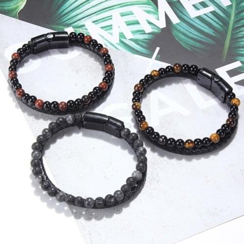 2020 Fashion Men Jewelry Natural Stone Genuine Leather Bracelet Black Stainless Steel Magnetic Clasp Tiger eye Bead Bracelet Men