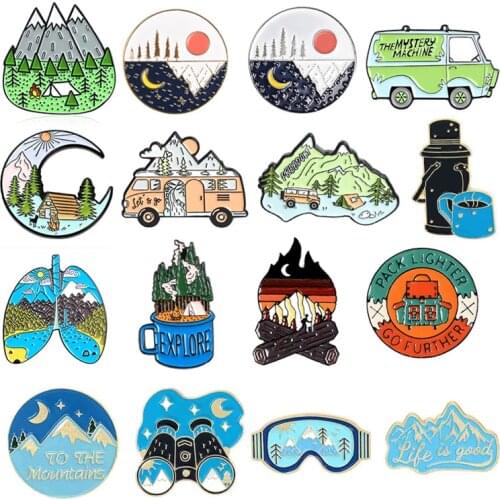 Outdoors Mountain Wild Camping Hiking Enamel Pins Custom Starry Night Travel Forest Brooches Clothes Lapel Adventure Badge Gift