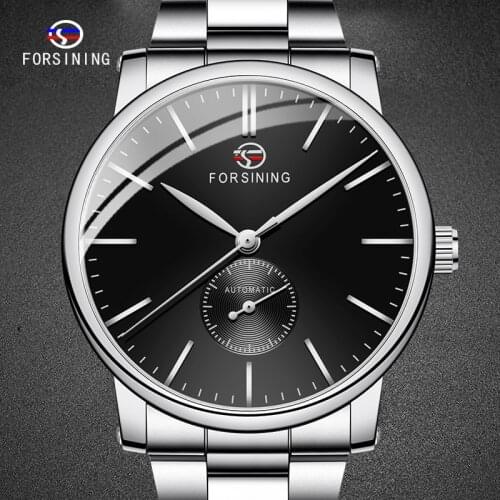 FORSINING Brand Male Watch Silver Black Mens Clock Steel Strap Style Business Men Wristwatch 2020 New