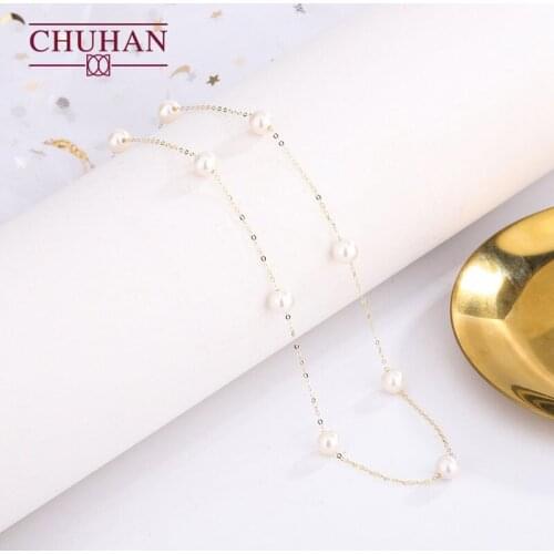 CHUHAN 18k Gold 6-7mm Natural Freshwater Pearl Necklace Clavicle Chain Au750 Gypsophila Pearl Gifts for Women Fine Jewelry