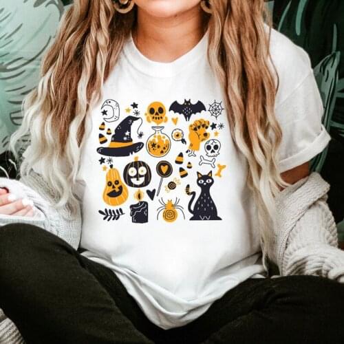 Colored Halloween Little Things T-shirt Cute Women Halloween Doodles Graphic Tee Top Spooky Autumn Short Sleeve Witch Tshirt