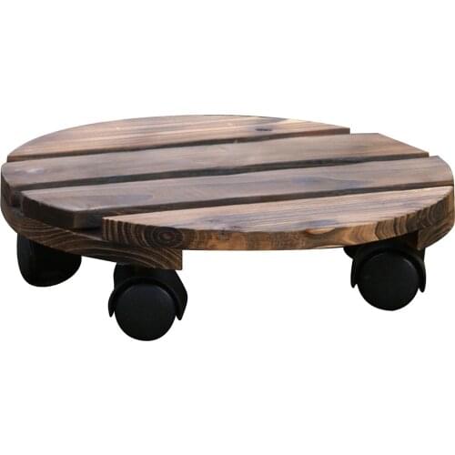 Wood Plant Stand Indoor Outdoor Planter Caddy 10" Round Flower Pot Mover Trolley Plant Caddy Stand Wheels Rolling Outdoor Dolly