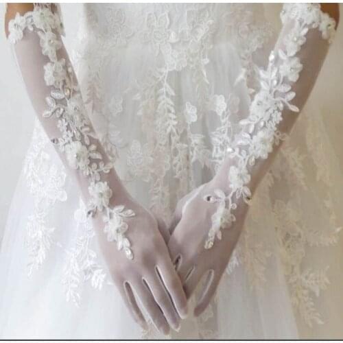 Bride Full Finger Long Ivory Gloves Fashion Wedding Dress Accessories Elegant Lace Glove Party Cosplay Props Full Length Gloves