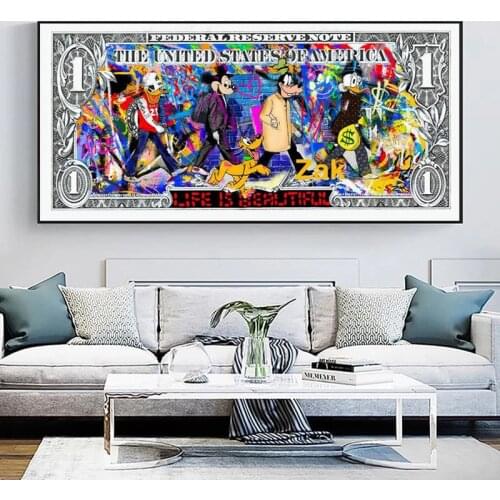 Graffiti Disney Funny Art Mickey Mouse Goofy Dog On Dollar Canvas Painting Poster And Prints Wall Art Picture For Home Decor