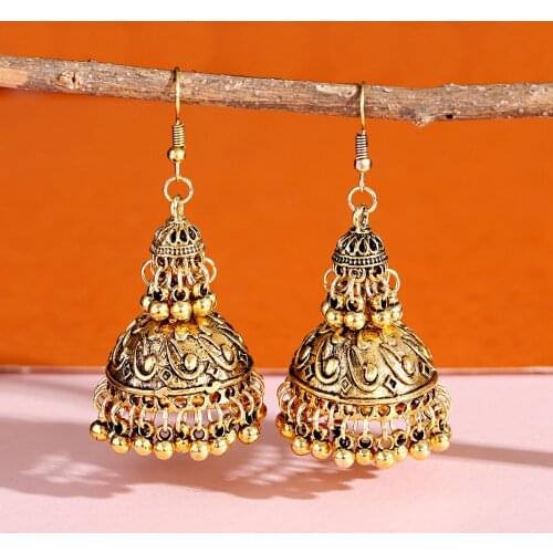Indian Jhumka Earrings 2021 New Retro Sector Golden Turkish Bells Womens Vintage Boho Beads Tassel Earrings