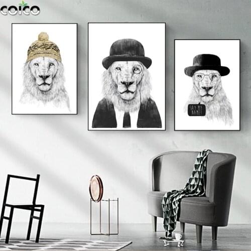 Sir Lion Poster Black White Canvas Art Print Painting Tiger Panda Abstract Animal Nordic Modern Home Decor Wall Picture Frame