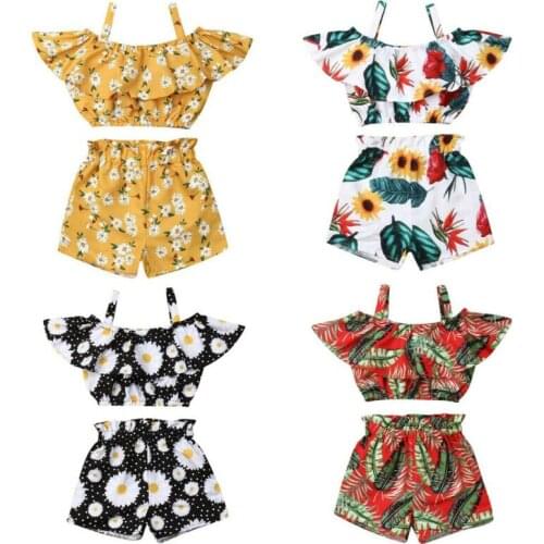 Newest Fashion Summer Toddler Baby Girl Clothes Off Shoulder Ruffle Sling Crop Tops Short Pants 2Pcs Outfits Clothes