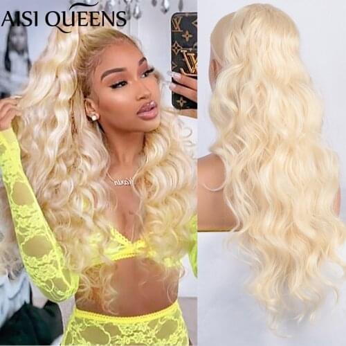 AISI QUEENS Long Blonde Body Wave Synthetic Ponytail Hairpieces for Women Ponytail Extension Drawstring Heat Resistant