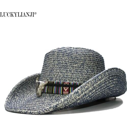 LUCKYLIANJI Womens Mens Unisexs Adjustable Soft Straw Wide Brim Sun Beach Jazz Panama Cowboy Western Hat Fedora Leather Band