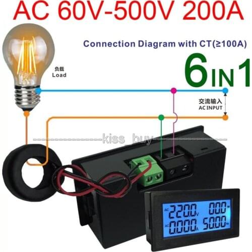 AC Multimeter Digital LCD AC 60-500V 200A Voltmeter Ammeter Voltage Current Power Factor KWH Frequency 110V 220V 380V VOLT AMP