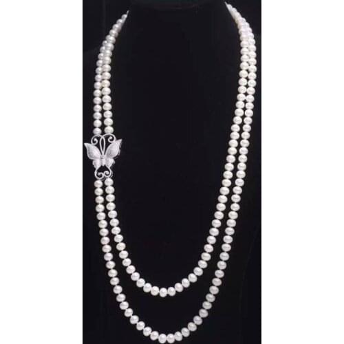 NEW butterfly Double row AA7-8mm white natural freshwater necklace inlay zircon 30"