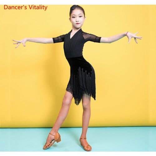 Latin Dance New Girls Tassel Dress V-Neck Professional Competition Clothes Children Sexy Performance Clothing Summer