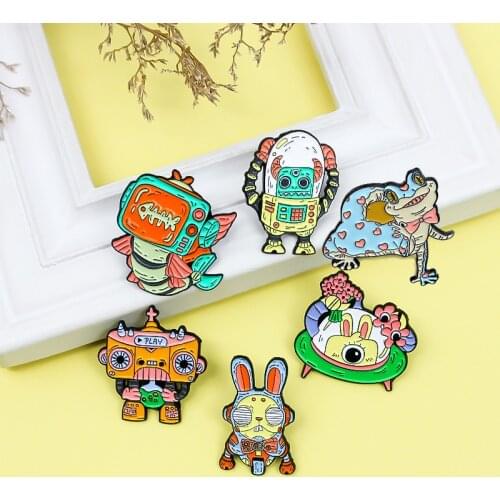 Cartoon creative robot alien Enamel Brooch Rabbit motorcycle Frog lobster display radio UFO Lapel Pin Fashion personality Badge