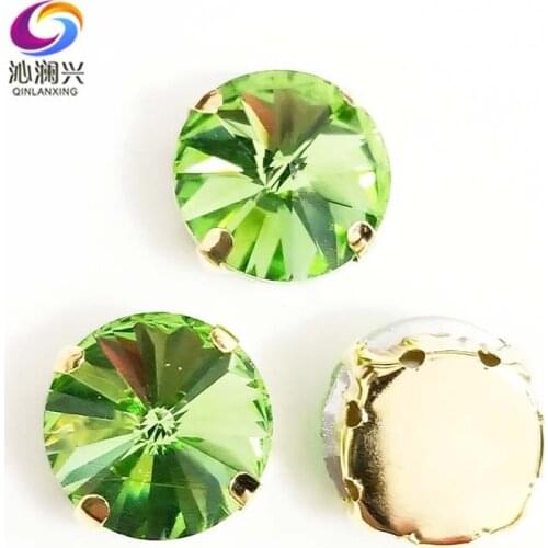 Light green round shape golden bottom AAA Glass Crystal sew on claw rhinestones with holes,Diy Clothing accessories SWRG15