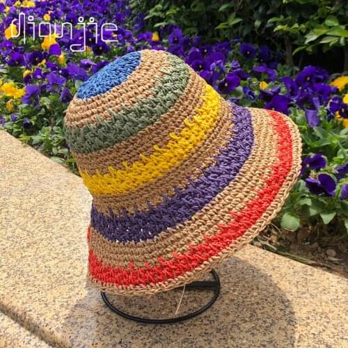 Spring Womens bucket Straw made rainbow Crochet hand-made fishermans straw hat foldable parent-child sunscreen beach sun visor