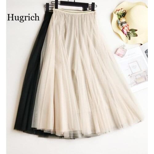 Super Quality 3 Layers Long Tulle Skirt Women 2021 Ladies Korean Style Black Pink High Waist Pleated Midi Skirt Female
