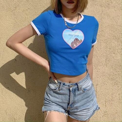 Womens Crew Neck T-Shirts Short Sleeve Heart Shaped Landscape Print Slim Fit Crop Tops