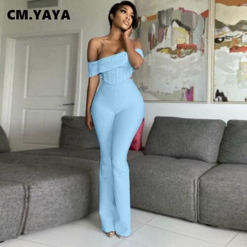 CM.YAYA Women Set Solid Short Sleeve Off Shoulder Slim Tops Skinny Flare Pants Two 2 Piece Sets Casual Tracksuit Summer Outfits
