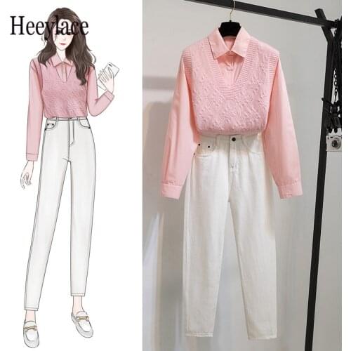 College pink V-neck knitted vest +candy shirt+ high waist jeans three piece set Korean Casual Outfits 2021 Autumn Women Cloth