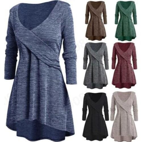 2019 European and American womens deep V-neck long-sleeved large lapel long sweater sweater dress