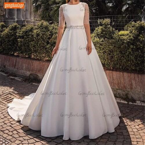 Chic White O Neck Wedding Dresses 2021 Robe De Mariée Half Sleeves Custom Made Bridal Gowns Sashes Satin A Line vestido de novia