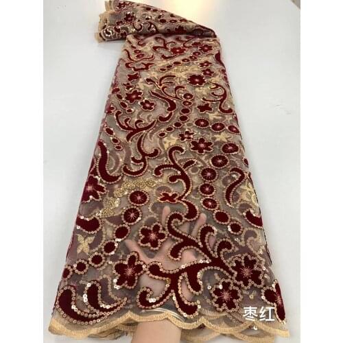 5yards/pc) Newest wine red French net lace velvet and sequins embroidered African party lace fabric for charming dress FXZ085