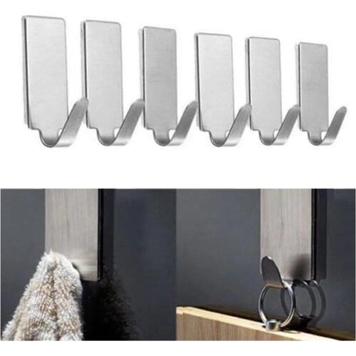 6pcs Stainless Steel Self-Adhesive Hooks Kit Practical Wall Storage Rack Traceless Kitchen Door Rack Strong Bearing Organzier