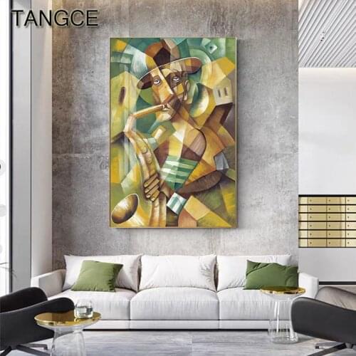 Abstract Character Poster and Print Saxophone Cello Canvas Painting Yellow Green Wall Art for Living Room Abstract Home Picture