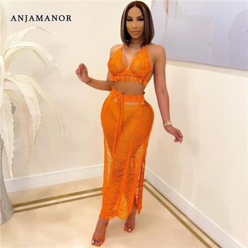 ANJAMANOR Sexy Hollow Out Assel Knitted Crochet Maxi Dress Sets Beach Vacation Outfits Two Piece Skirt Set Women D48-DC26