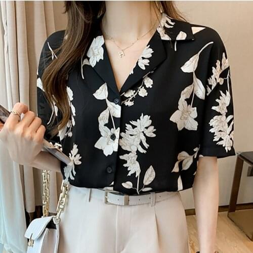 Print Floral Women Shirt Button Thin Summer Tops Notched Vintage Chiffon Blouses Short Sleeve 2021 Woman Clothes Chemisier Femme